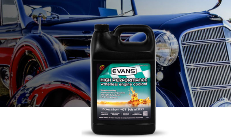 Evans waterless coolant bottle with car in the background